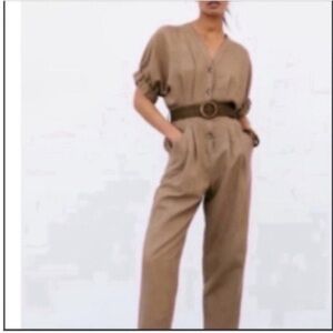 NWT ZARA Belted Linen Jumpsuit - Tan